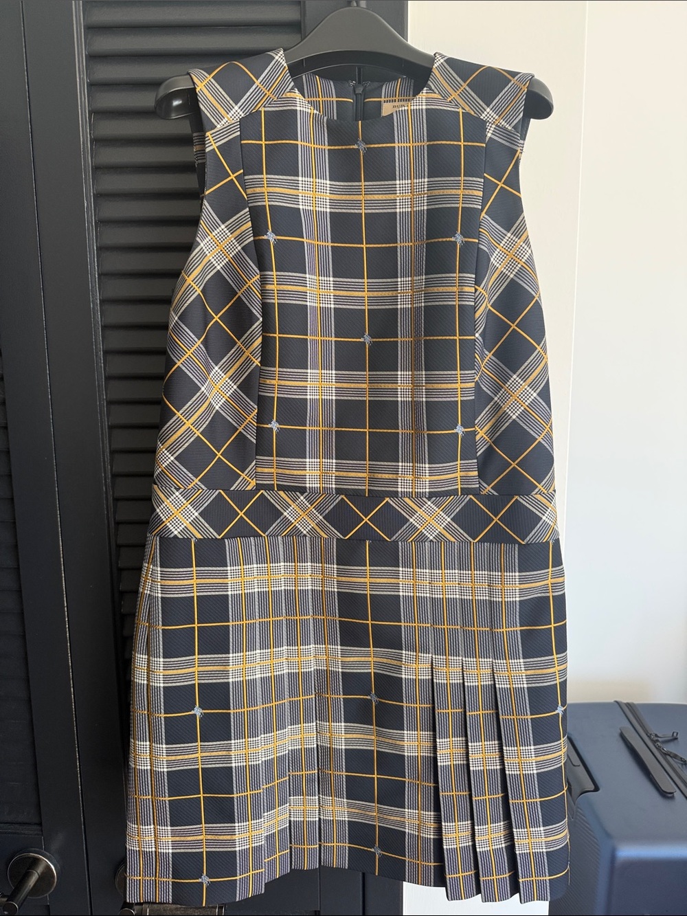 Burberry Black, Yellow & White Plaid Midi Dress